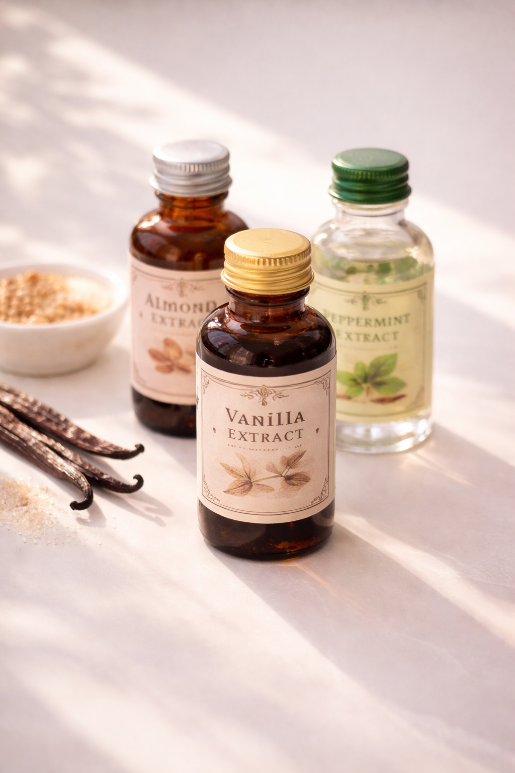 three small glass bottles of different food flavourings and 3 vanilla beans